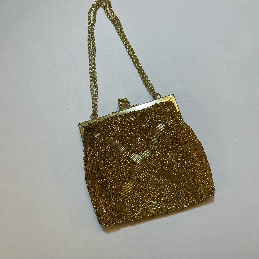 Walbaes Elegant Gold Beaded Evening Bag. Adjustable strap. Crossbody. Preowned.